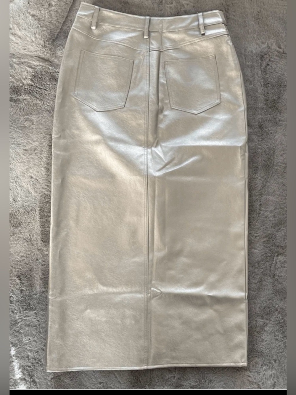 WAYF Metallic Silver Faux Leather Midi Skirt M NWT Coated Quiet Luxury Moto - Picture 10 of 15